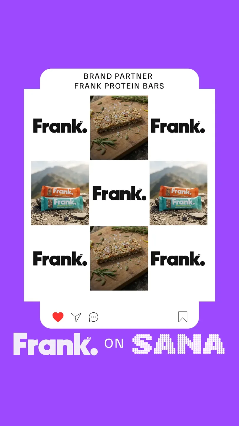 Eat Frank brand partner announcement graphic showing Frank protein bars photographed outdoors, with the words Frank on SANA