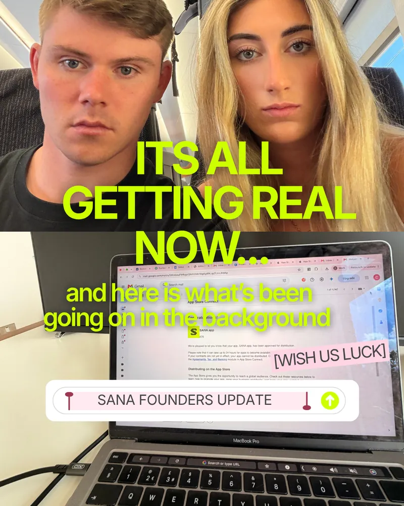 SANA founders Chloe and Ken sharing the App Store approval email in a founder update