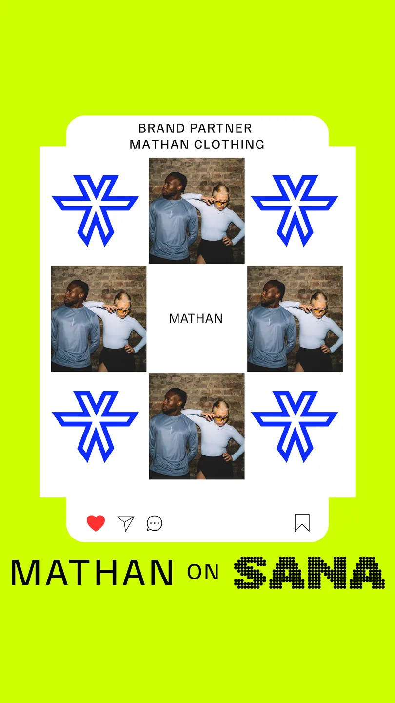 MATHAN Clothing brand partner announcement graphic showing the MATHAN star icon and two people in MATHAN activewear, with the words MATHAN on SANA