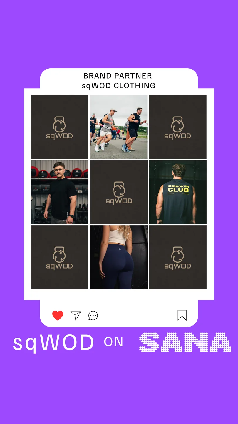 sqWOD Clothing brand partner announcement graphic showing the sqWOD kettlebell logo and people training in sqWOD apparel, with the words sqWOD on SANA