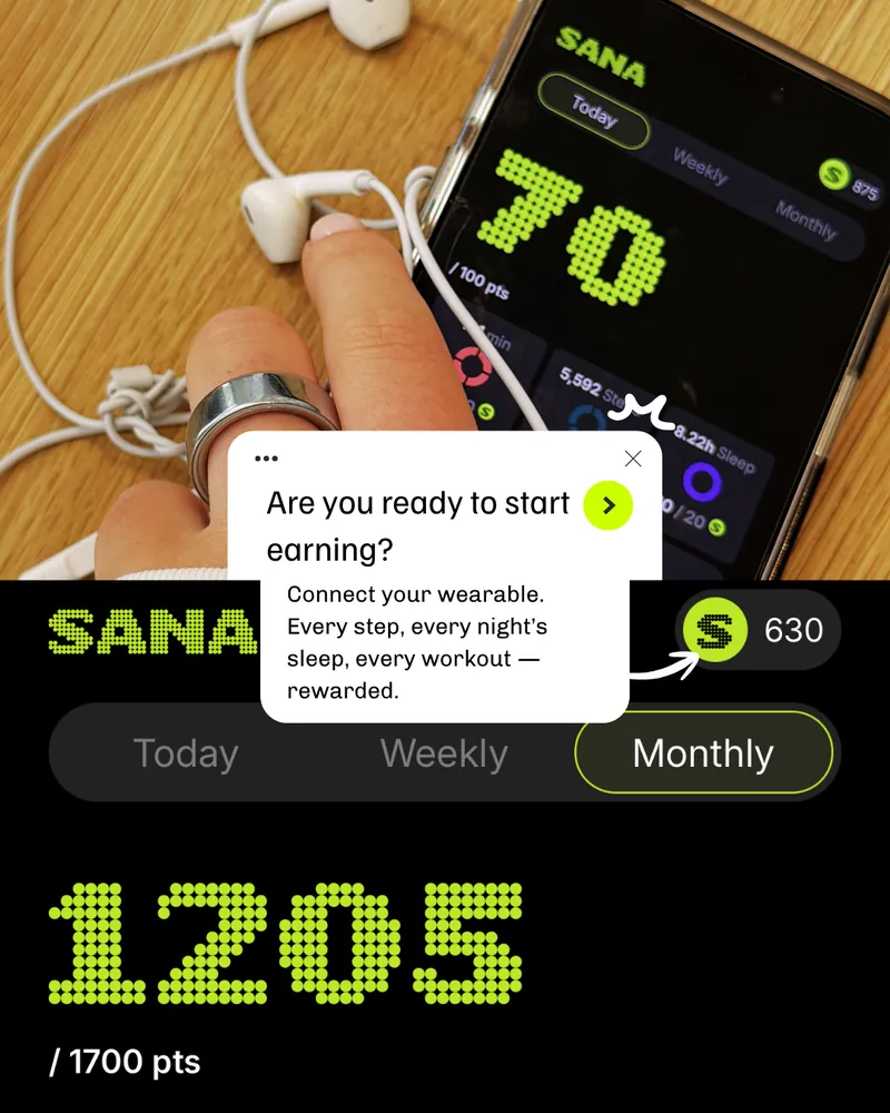 The SANA app showing daily and monthly points earned from steps, sleep and workouts