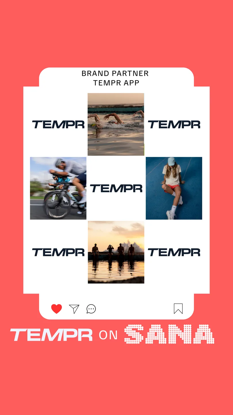 TEMPR brand partner announcement graphic showing the TEMPR wordmark alongside swimming, cycling and running photography, with the words TEMPR on SANA