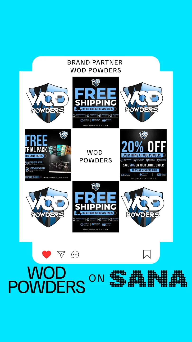 WOD Powders brand partner announcement graphic showing the WOD Powders shield logo with 20% off, free shipping and free trial pack offers for SANA users, with the words WOD Powders on SANA